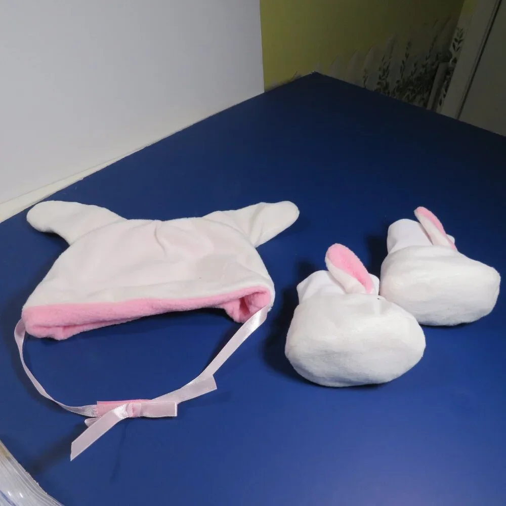 Baby Rabbit Bunny Infant Cap Hat & Bunny Slippers (almost a costume) Easter